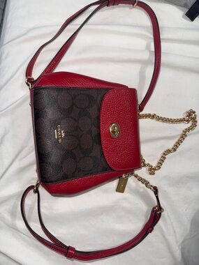 Coach Red Leather & Signature Canvas Turnlock Mini Backpack and Wrist Wallet